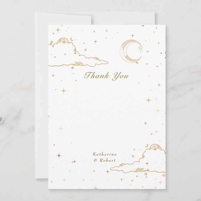 Mystical Celestial Gold Moon Clouds Wedding Thank You Card (Front)