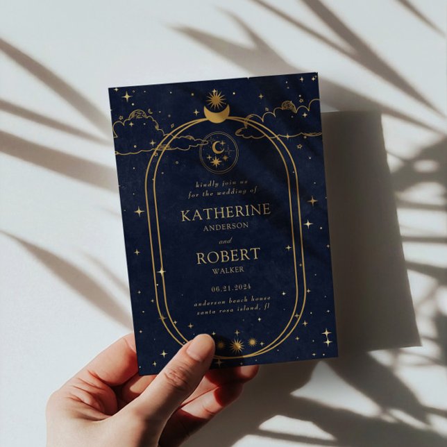 Mystical Celestial Gold Moon Dark Blue Wedding Invitation (Creator Uploaded)