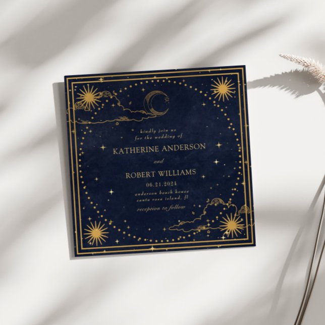 Mystical Celestial Gold Moon Stars Square Wedding Invitation (Creator Uploaded)