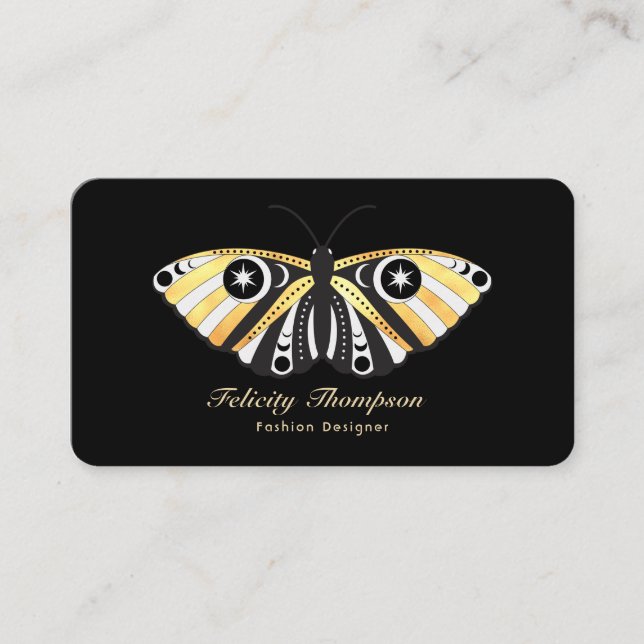 Mystical Celestial Gold Moths QR Code Business Card (Front)