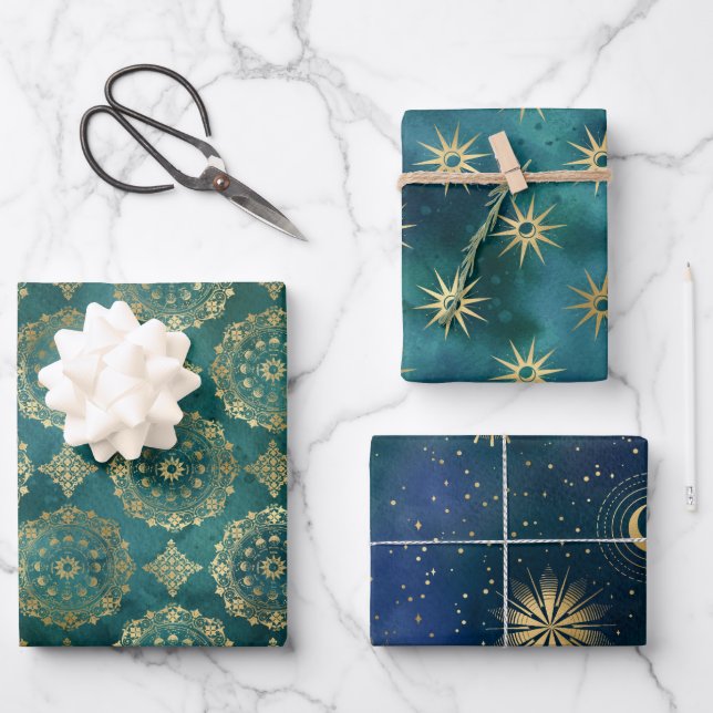 Mystical Celestial Green Wrapping Paper Sheets (Front)