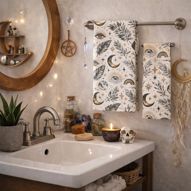 Mystical Celestial Moon Stars Pattern Bath Towel Set (Creator Uploaded)