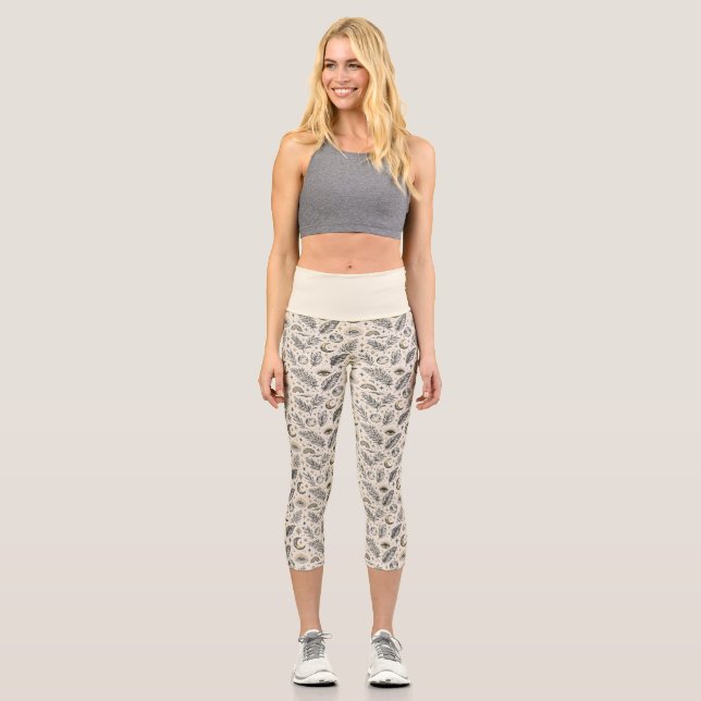 Mystical Celestial Moon Stars Pattern Capri Leggings (Front)