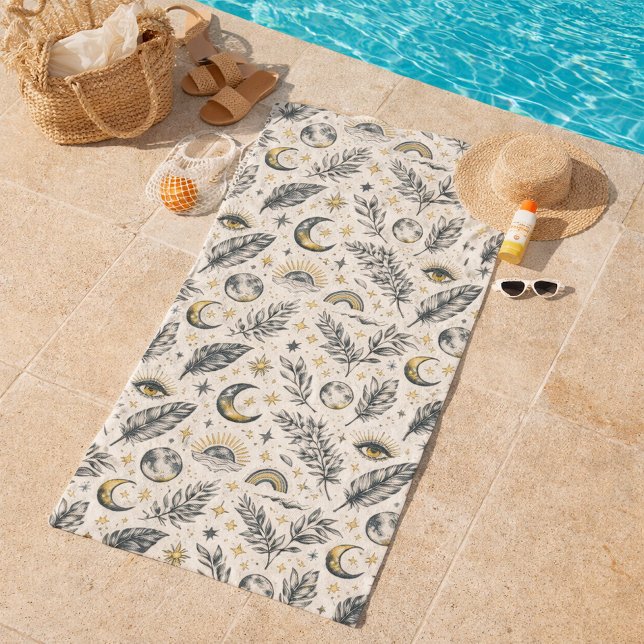 Mystical Celestial Moon Stars Pattern Custom Name Beach Towel (Creator Uploaded)