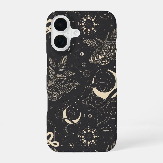 Mystical Celestial Night Moth & Serpent Pattern iPhone 16 Case (Back)