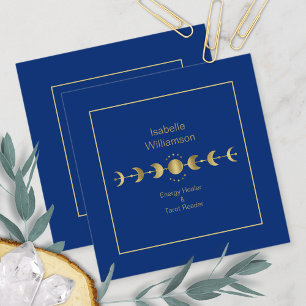 Mystical Celestial Stars Moon Phase Navy Blue Gold Square Business Card