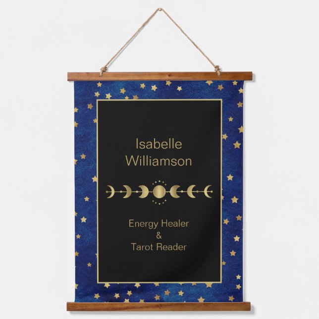 Mystical Celestial Stars Moon Phase Navy Blue Hanging Tapestry (Front)