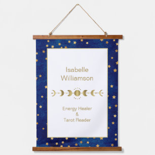 Mystical Celestial Stars Moon Phase Navy Blue Hanging Tapestry