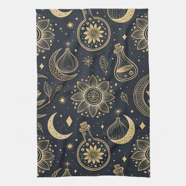 Mystical Celestial Witchcraft - Gold Botanical (2) Tea Towel (Vertical)