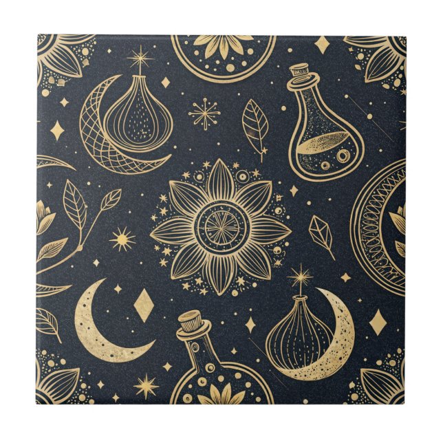 Mystical Celestial Witchcraft - Gold Botanical Tile (Front)