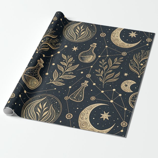 Mystical Celestial Witchcraft - Gold Botanical Wrapping Paper (Unrolled)