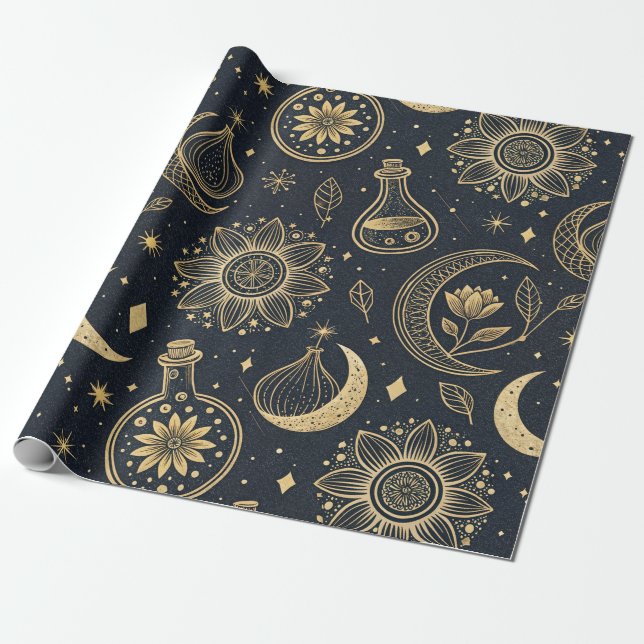 Mystical Celestial Witchcraft - Gold Botanical Wrapping Paper (Unrolled)