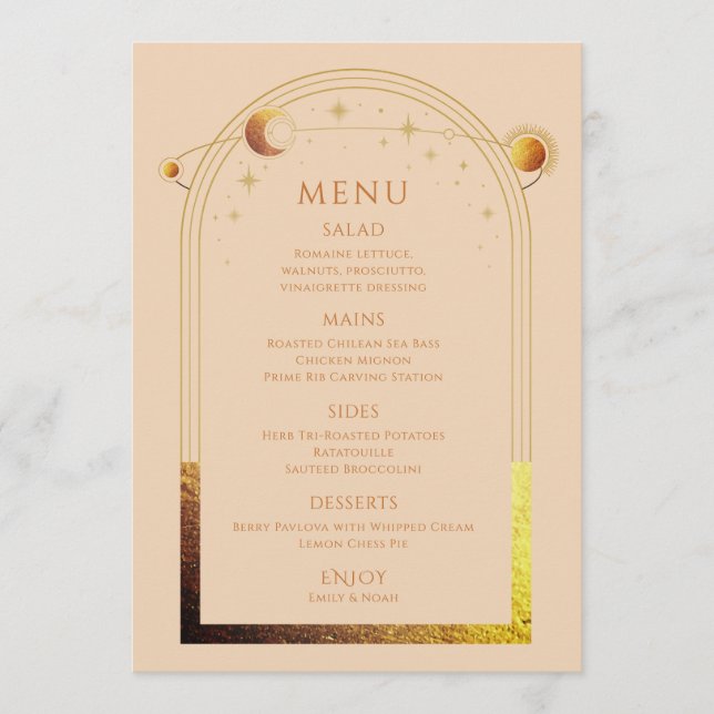 Mystical Champagne Gold Sun Moon Stars Wedding Menu (Front)