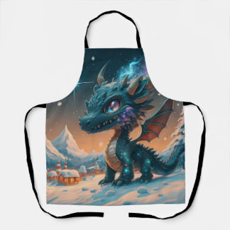 Mystical Chibi Dragon Winter Landscape Apron