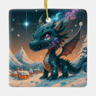 Mystical Chibi Dragon Winter Landscape  Ceramic Ornament