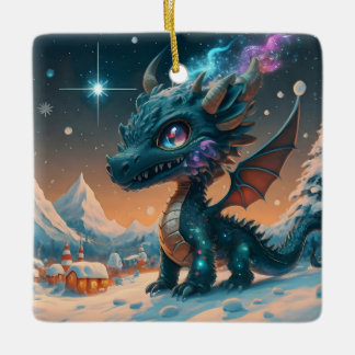 Mystical Chibi Dragon Winter Landscape Ceramic Ornament