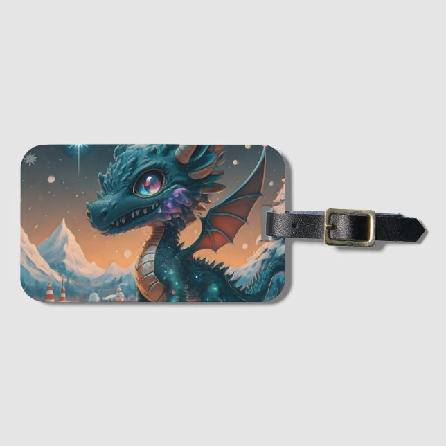 Mystical Chibi Dragon Winter Landscape  Luggage Tag (Front Horizontal)