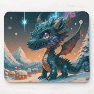 Mystical Chibi Dragon Winter Landscape Mouse Pad
