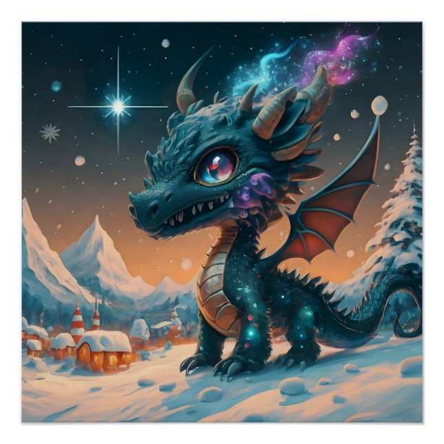Mystical Chibi Dragon Winter Landscape  Poster (Front)