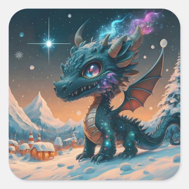 Mystical Chibi Dragon Winter Landscape  Square Sticker (Front)