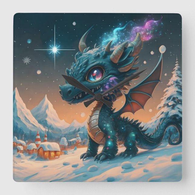 Mystical Chibi Dragon Winter Landscape  Square Wall Clock (Front)