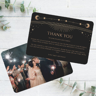 Mystical Chic Black Gold Star Moon Photo Wedding Thank You Card