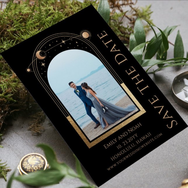 Mystical Chic Black Gold Sun Moon Star Space Save The Date (Creator Uploaded)