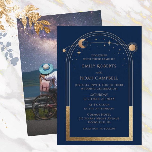 Mystical Chic Blue Gold Star Moon Photo Space Invitation (Creator Uploaded)