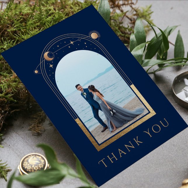 Mystical Chic Blue Gold Star Moon Photo Wedding Thank You Card (Creator Uploaded)