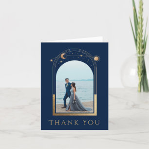 Mystical Chic Blue Gold Star Moon Photo Wedding Thank You Card