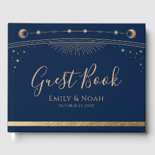 Mystical Chic Blue Gold Sun Moon Stars Wedding  Guest Book