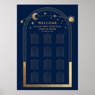 Mystical Chic Blue Gold Sun Moon Stars Wedding Poster