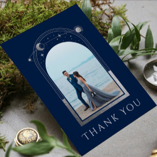Mystical Chic Blue Silver Star Moon Photo Wedding Thank You Card