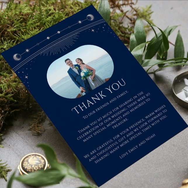 Mystical Chic Blue Silver Star Moon Photo Wedding Thank You Card (Creator Uploaded)