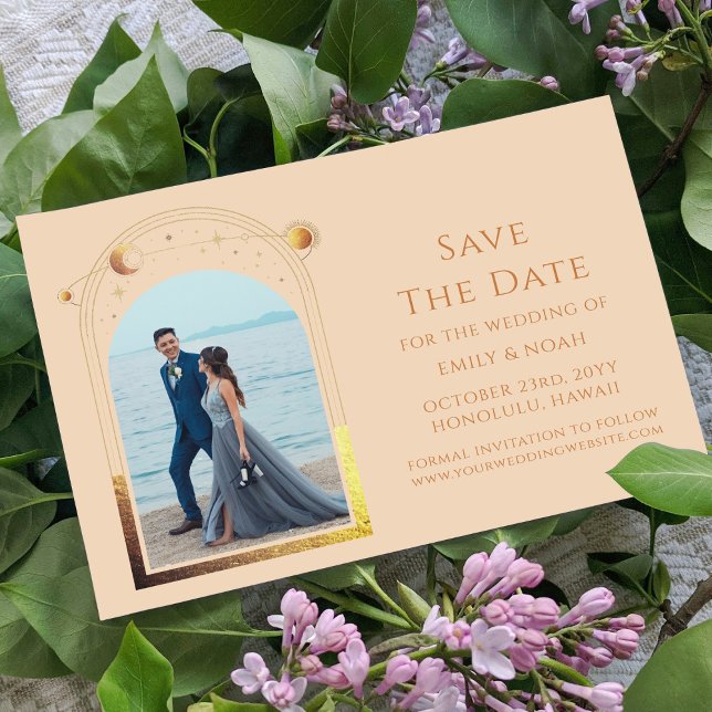 Mystical Chic Champagne Gold Star Moon Photo Space Save The Date (Creator Uploaded)
