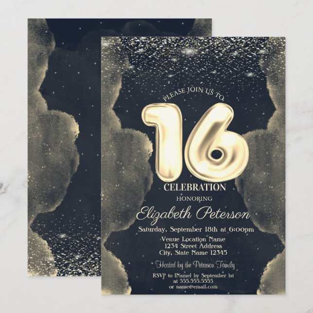 Mystical Clouds Stars Sweet Gold 16 Invitation (Front/Back)