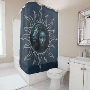 Mystical connection, mystical woman and the lion. shower curtain