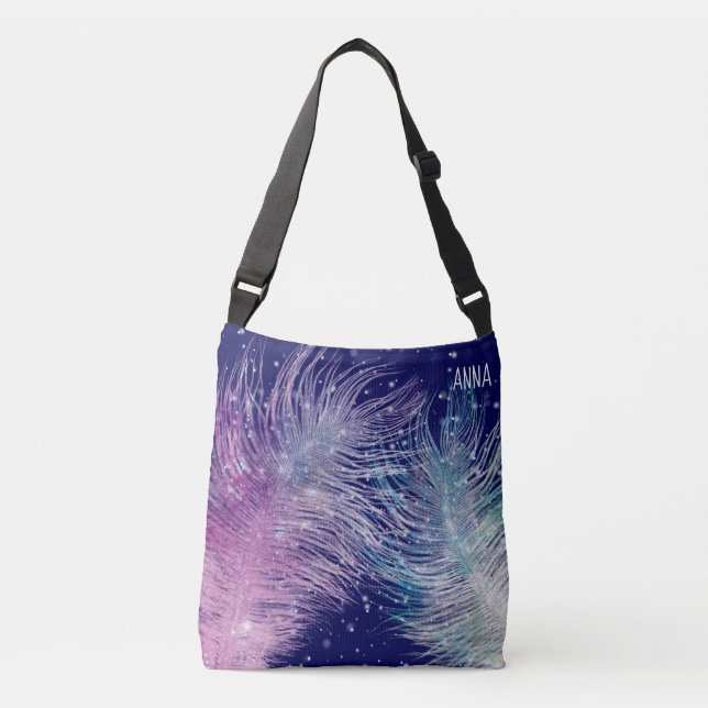 *~* Mystical  Cosmic Boho Feathers Night Blue Crossbody Bag (Front)