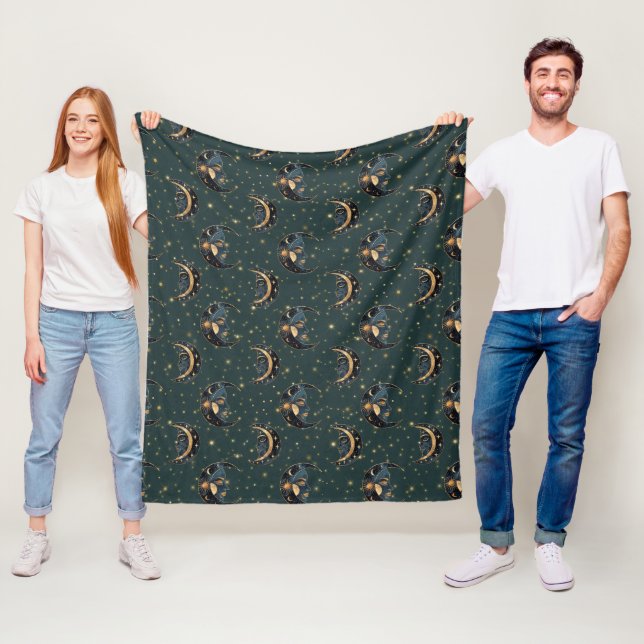 Mystical Crescent Moon Star Pattern Fleece Blanket (In Situ)