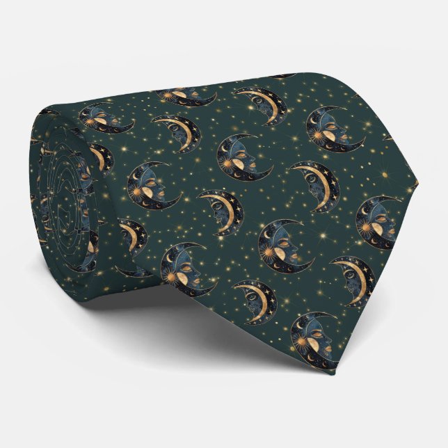 Mystical Crescent Moon Star Pattern Tie (Rolled)