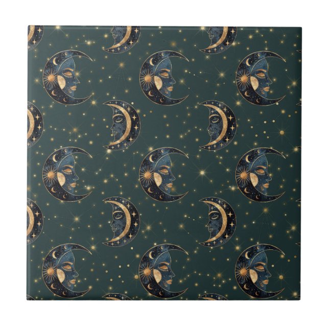 Mystical Crescent Moon Star Pattern Tile (Front)