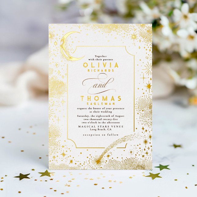 Mystical Crescent Moon Starry Night Boho Wedding (Celestial gold foil wedding invitation)
