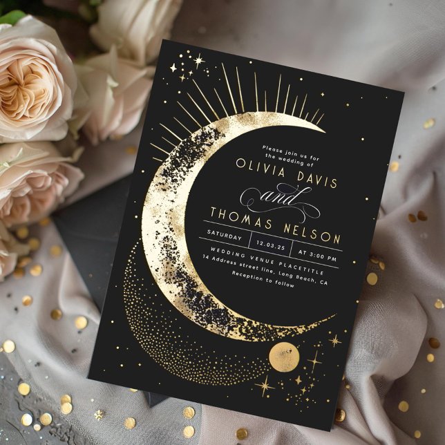 Mystical Crescent Moon Starry Night Boho Wedding (Real Gold Foil Celestial Tarot Wedding Invitation)