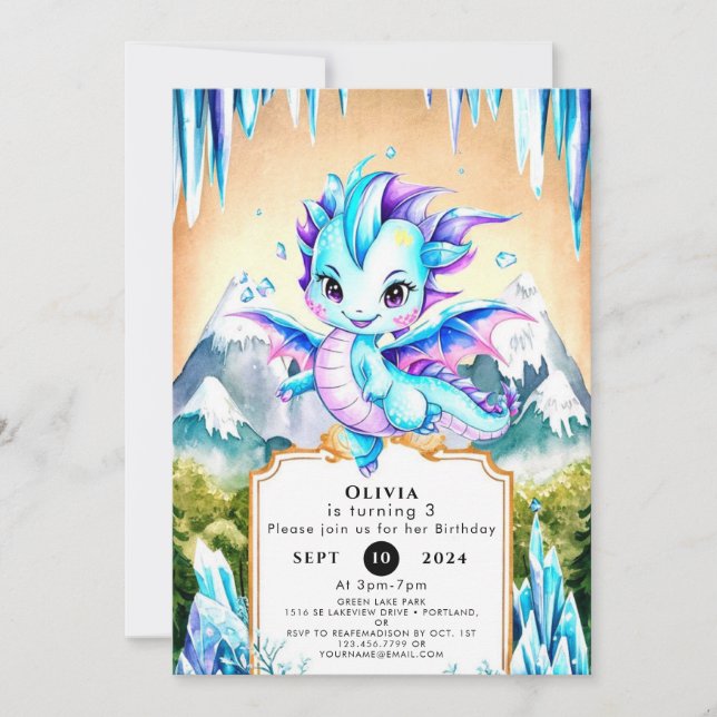 Mystical Cute Ice Dragon Birthday Invitation (Front)