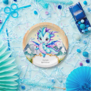 Mystical Cute Ice Dragon Birthday Paper Plate