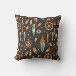 Mystical Dark Boho: Feathers & Dream Catchers Desi Cushion