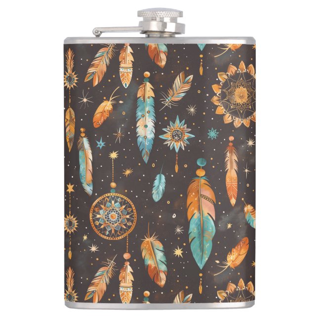 Mystical Dark Boho: Feathers & Dream Catchers Desi Hip Flask (Front)