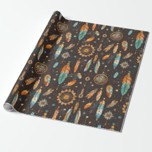Mystical Dark Boho: Feathers & Dream Catchers Desi Wrapping Paper