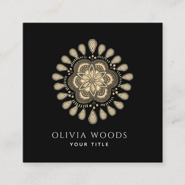 Mystical Dark Boho Floral Mandala Square Business Card (Front)