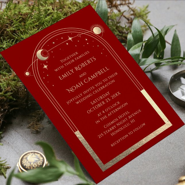 Mystical Dark Red Gold Celestial Photo Wedding Invitation (Creator Uploaded)